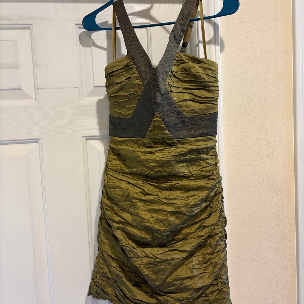 BCBGMaxAzria Olive One-Shoulder Ruched Cocktail Dress